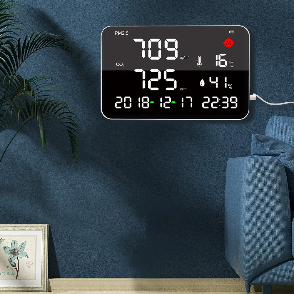 شاشة كبيرة جدًا داخلية CO2 ميتري متعددة الوظائف مستشعر NDIR نوع كاشف جودة الهواء يقيس ثاني أكسيد الكربون وPM2.5