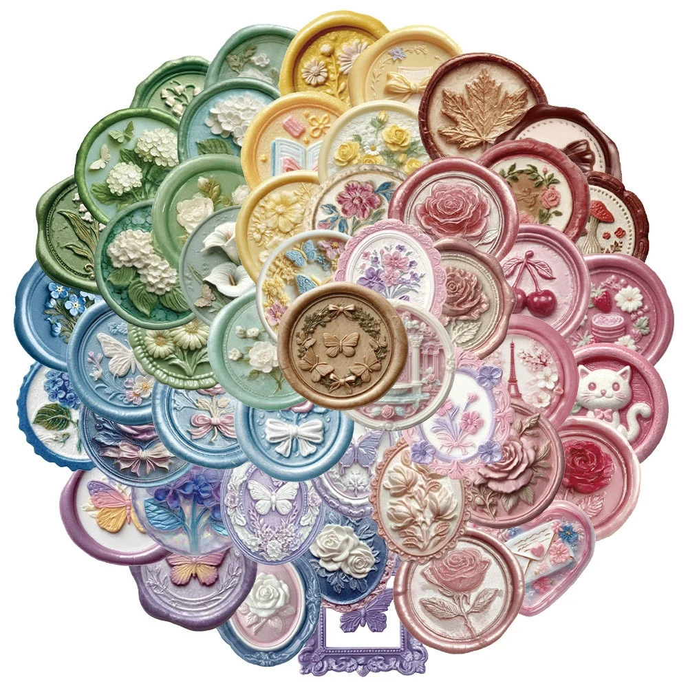 

10/30/50pcs Vintage Colorful Wax Seal Stamp Stickers Transparent Cartoon Flower Sticker Water Bottle Phone Luggage Decals Pack