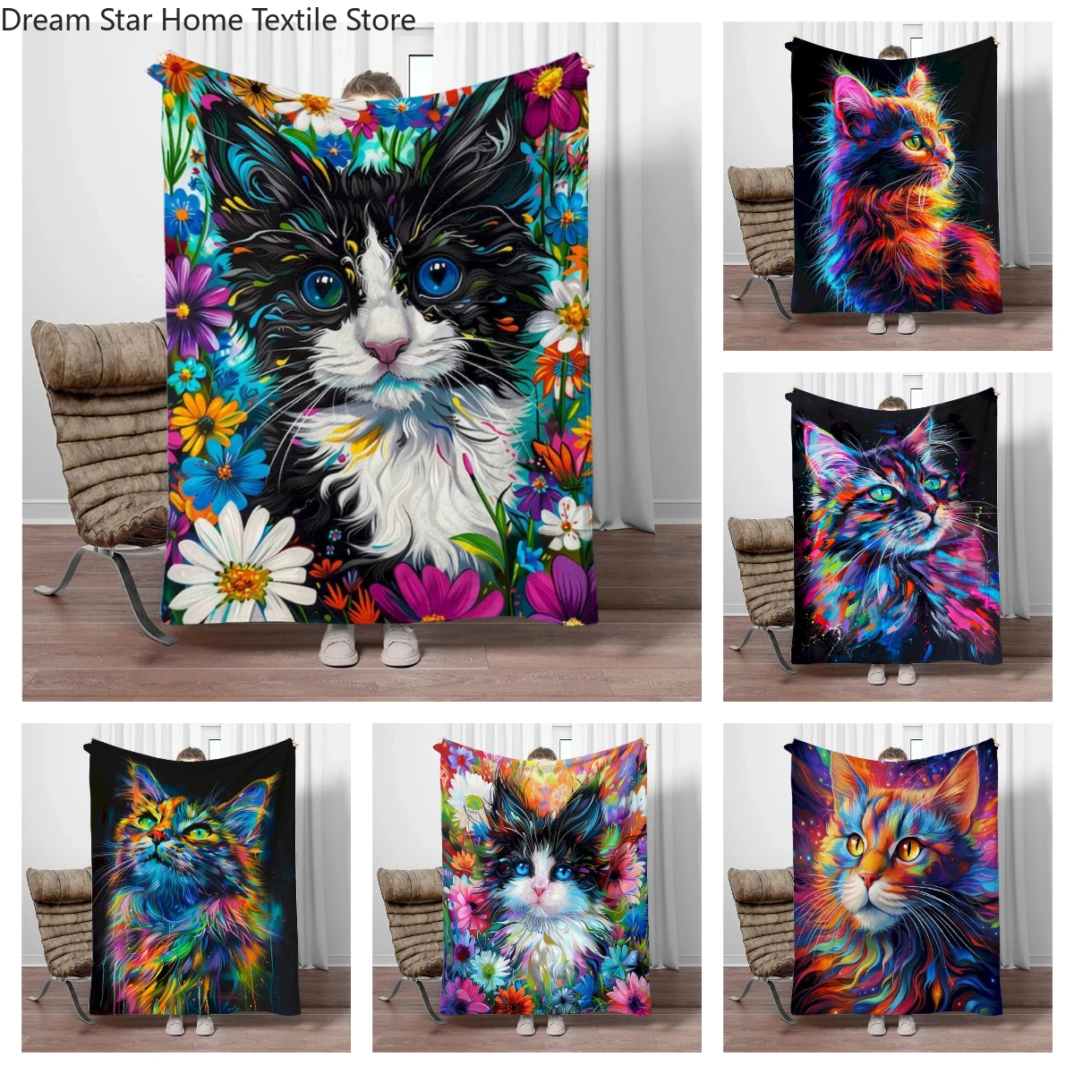 

8 Size Colorful Cat Flannel Throw Blanket,Soft Throw Blanket for Home Bedroom Bed Sofa Picnic Travel Office Cover Child Gift