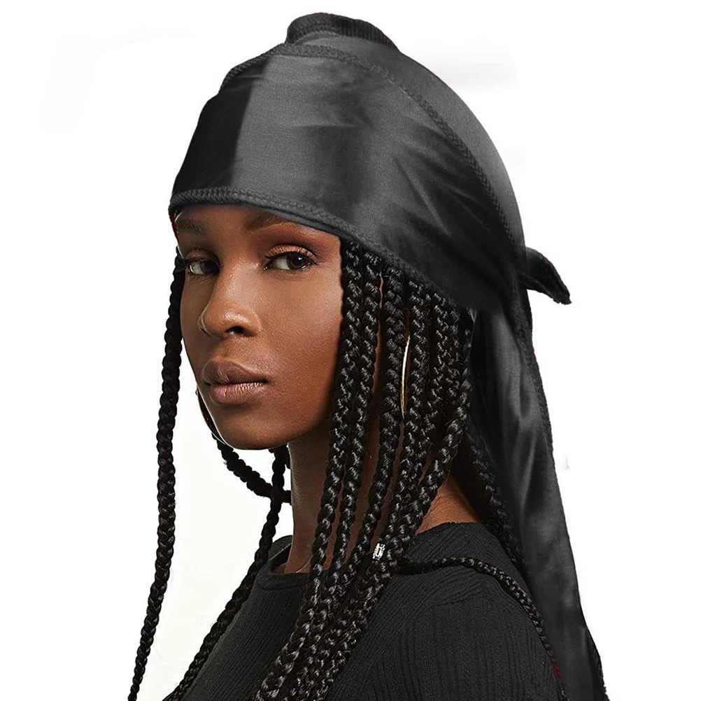 

Satin Durag Headscarf Long Tail Wrap Black Silk Men Women Indoors Outdoors Elastic Comfortable Durags Headdress