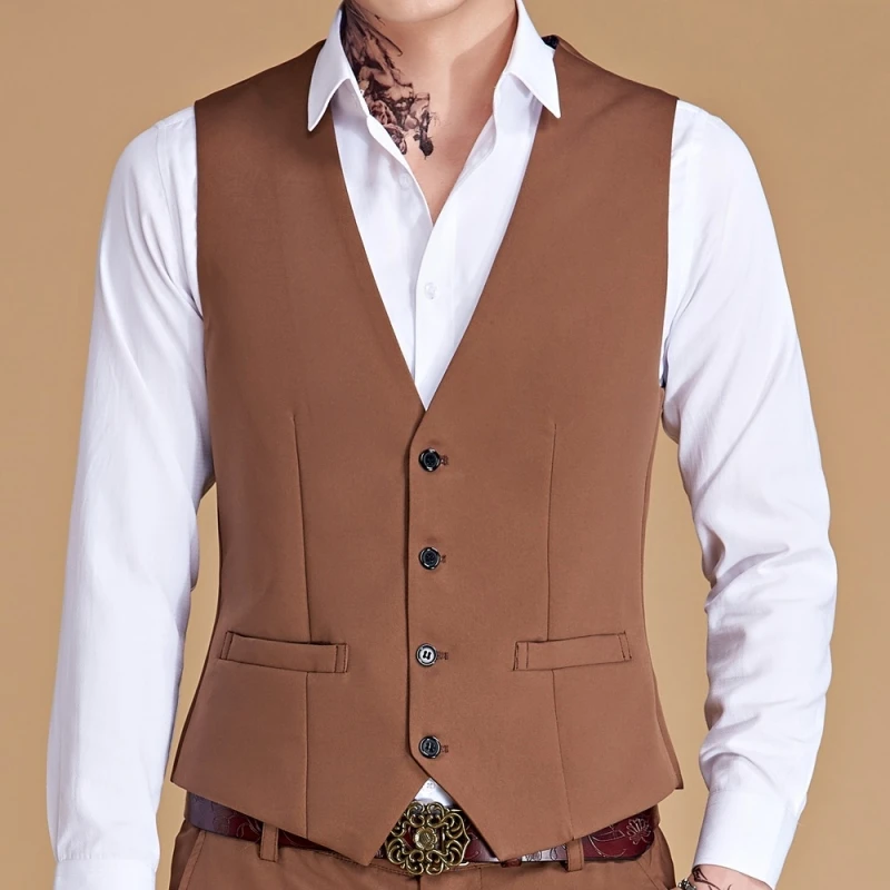 Men Vest White V Neck Solid Single Button Slim Business Formal Waistcoat Tweed Sleeveless Men Suit Vest