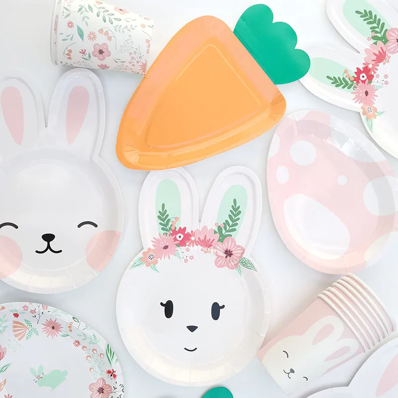 Baby Shower Girl 1st Birthday Decorations Jednorazowa zastawa stołowa Easter Eggs Rabbit Carrot Plates Cups Happy Easter Party Supplies