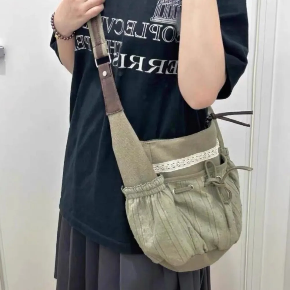 

Sweet Cool Bow Canvas Shoulder Bags Women Vintage Drawstring Pocket Chic Casual Crossbody Bag Ladies Retro Messenger Bag Bolsos