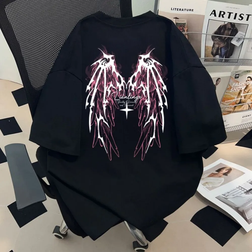 

Модная мужская новая летняя удобная и дышащая футболка с круглым вырезом и принтом крыльев, уличный топ в городском уличном стиле