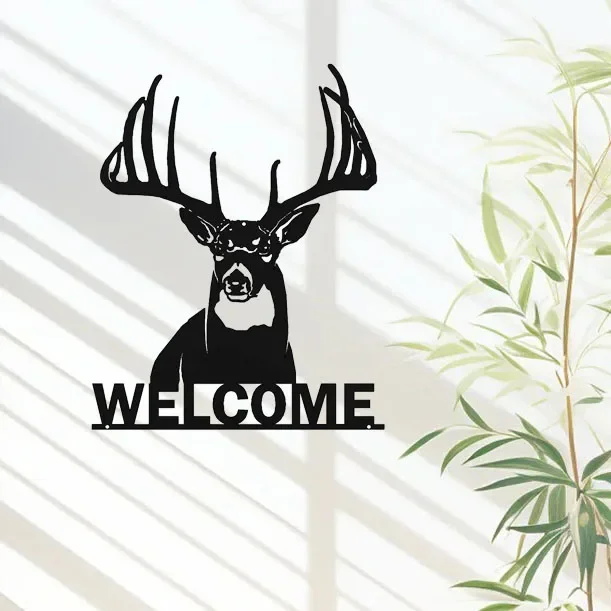 Elegant Welcome Whitetail Deer Buck Metal Wall Art Sign – Graceful for Home or Cabin Decor. Rustic and Sophisticated Metal Sign