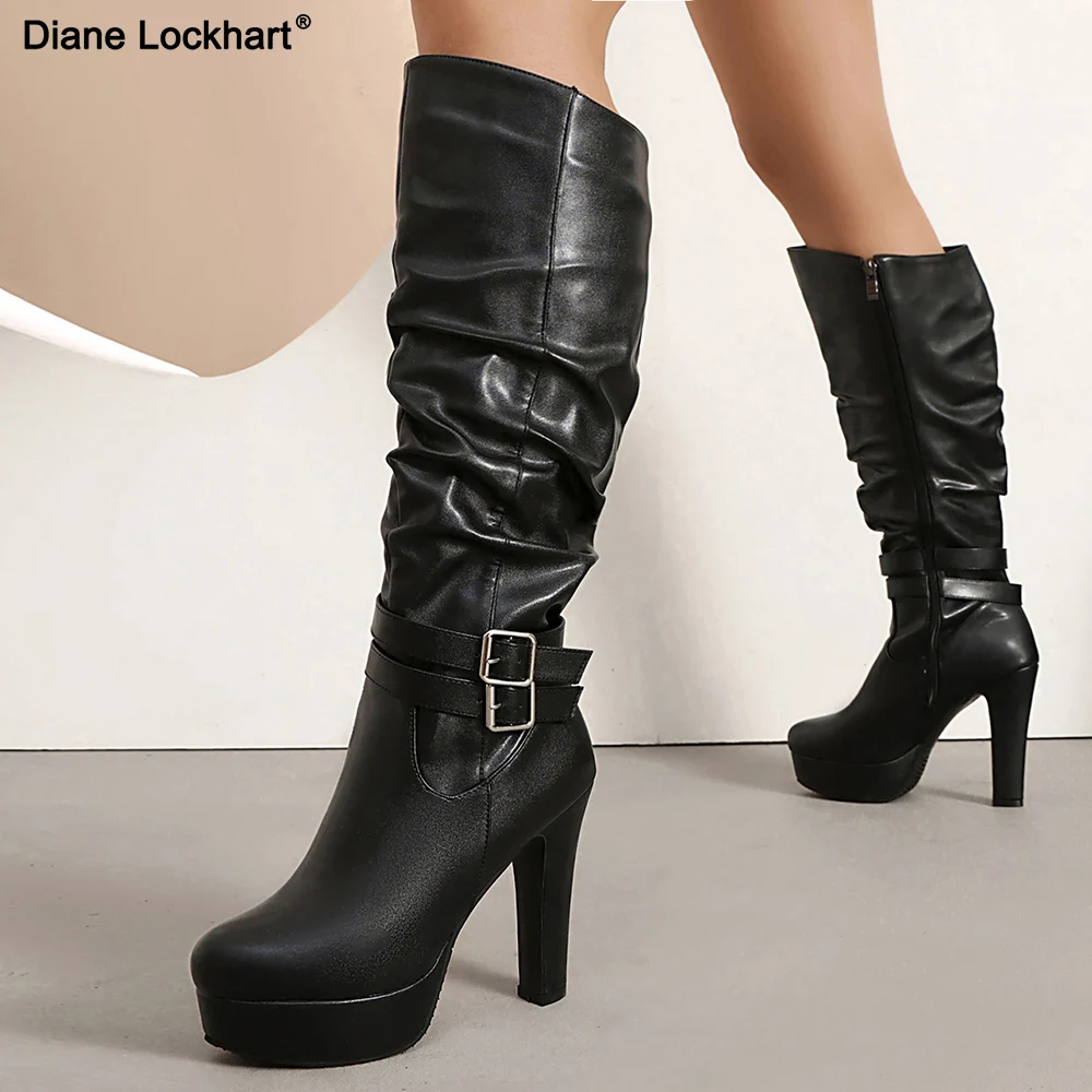 

Women Punk Style Knee High Boots Belt Buckle Platform Long Boot Female Autumn Winter Modern Round Toe High Heels Shoes Free Ship