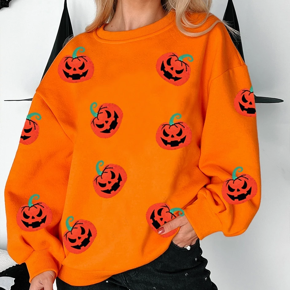 Streetwear feminino halloween solto moletom manga longa em torno do pescoço abóbora impressão pulôver