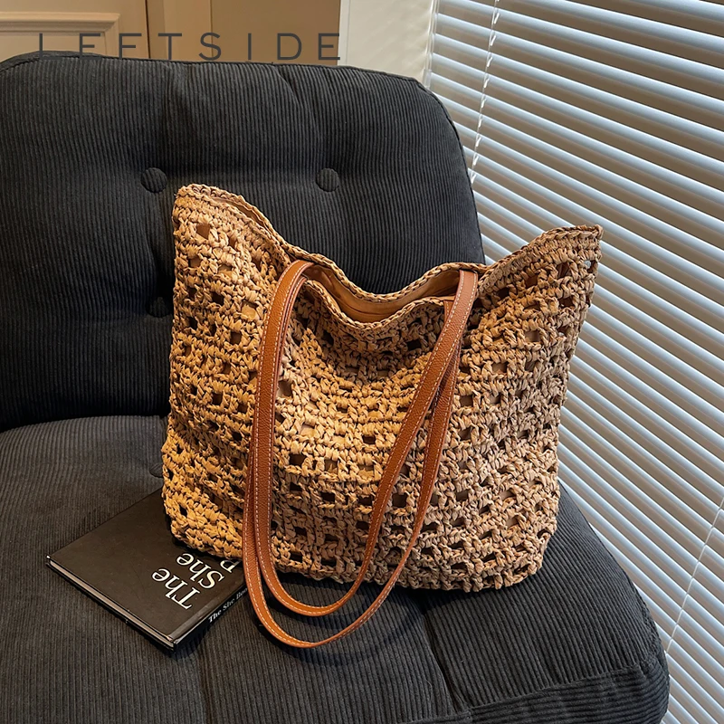 

LEFTSIDE Women's large capacity Woven Hollow Tote Bag Vacation Aesthetic Beach Daily Casual Shoulder Bag 2026 New Handbags