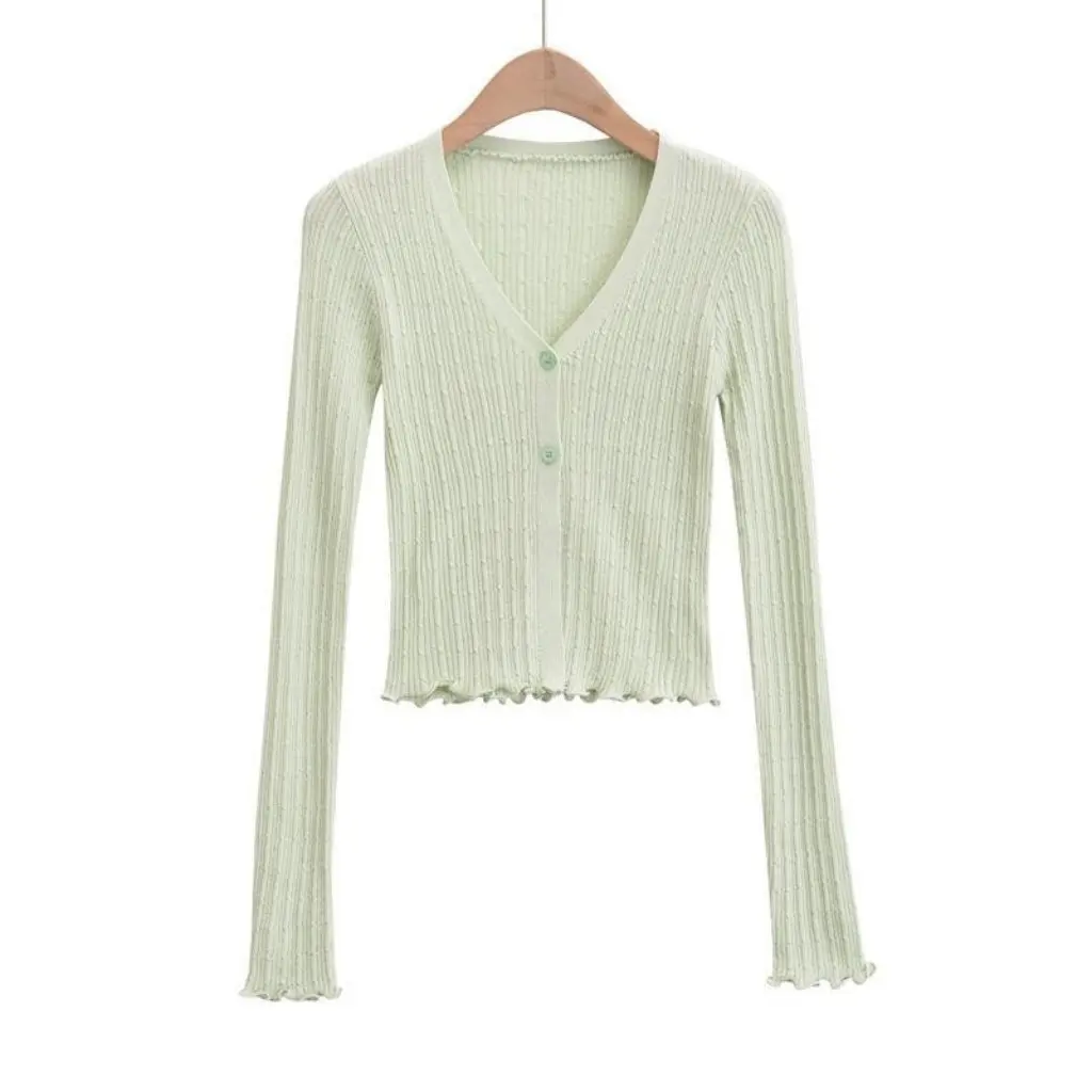 

Новый летний женский тонкий вязаный кардиган с v-образным вырезом и длинными рукавами, милый, горячий, облегающий, с тремя пуговицами, внешний солнцезащитный крем