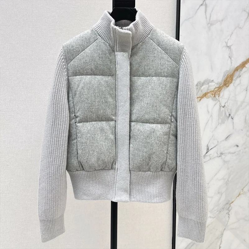 고품질 니트 울 소매 스탠드업 칼라 퀼팅 다운 재킷 여성용 코트 겨울 의류 25100905