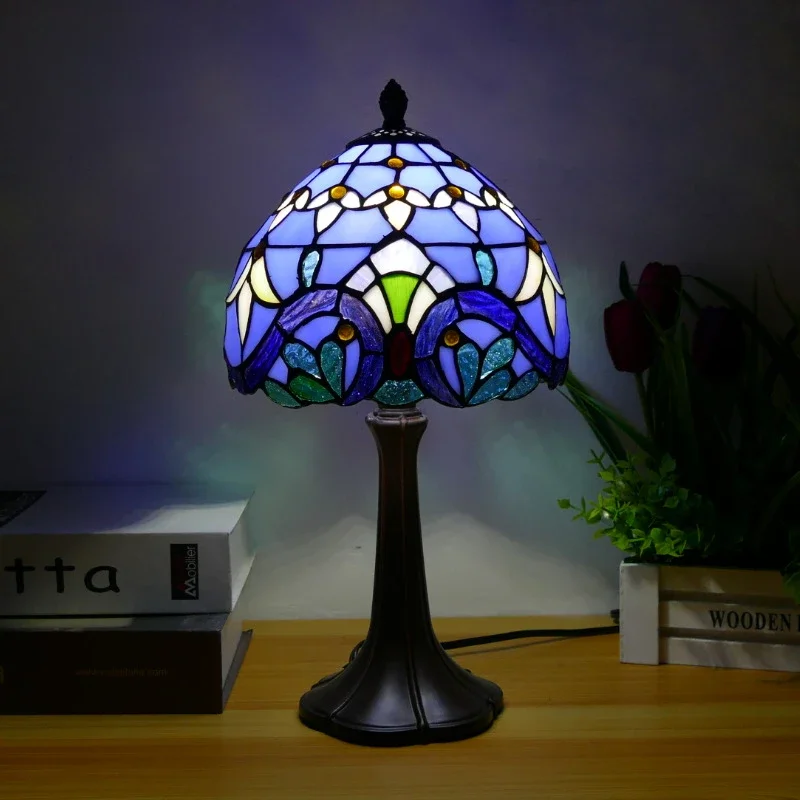 8inch Stained Glass Blue Lotus Flower Standing Reading Desk Lamps Antique Pole Corner Style Tiffany Table Lamp Night Light