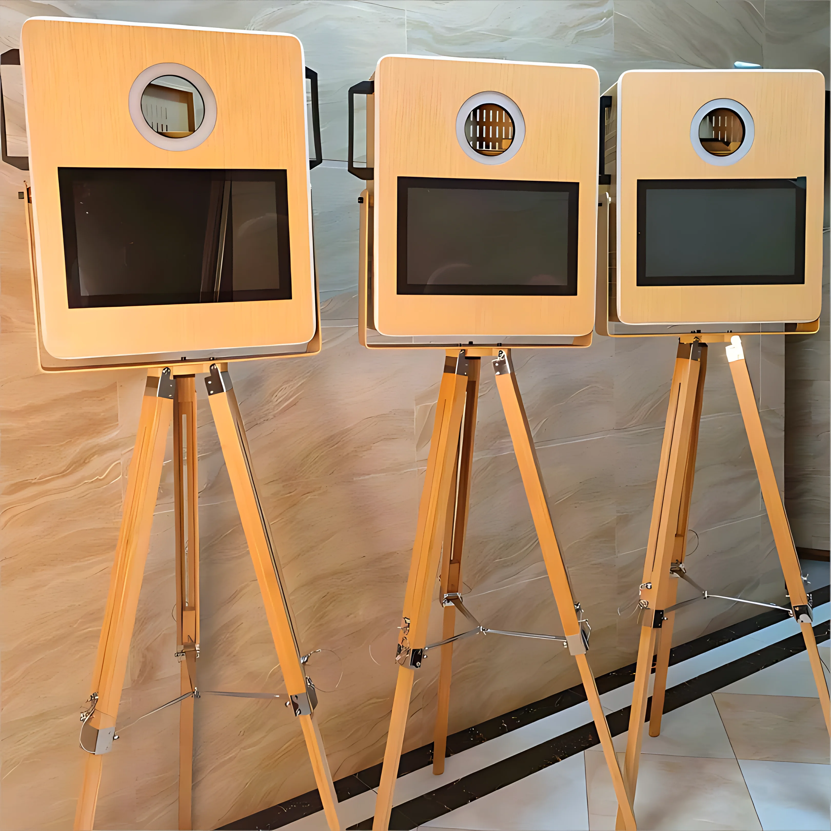 15.6inch Wood Grain Tripod DSLR Photo Booth Magic Mirror Plate Party Machine For Selfie & Photobooth Compatible With DSLR Camera