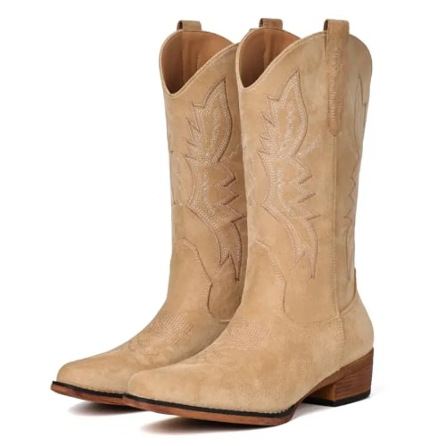 

IUV Cowboy Boots For Women Western Boots Cowgirl Boots Pull On Pointy Toe Mid Calf Boots