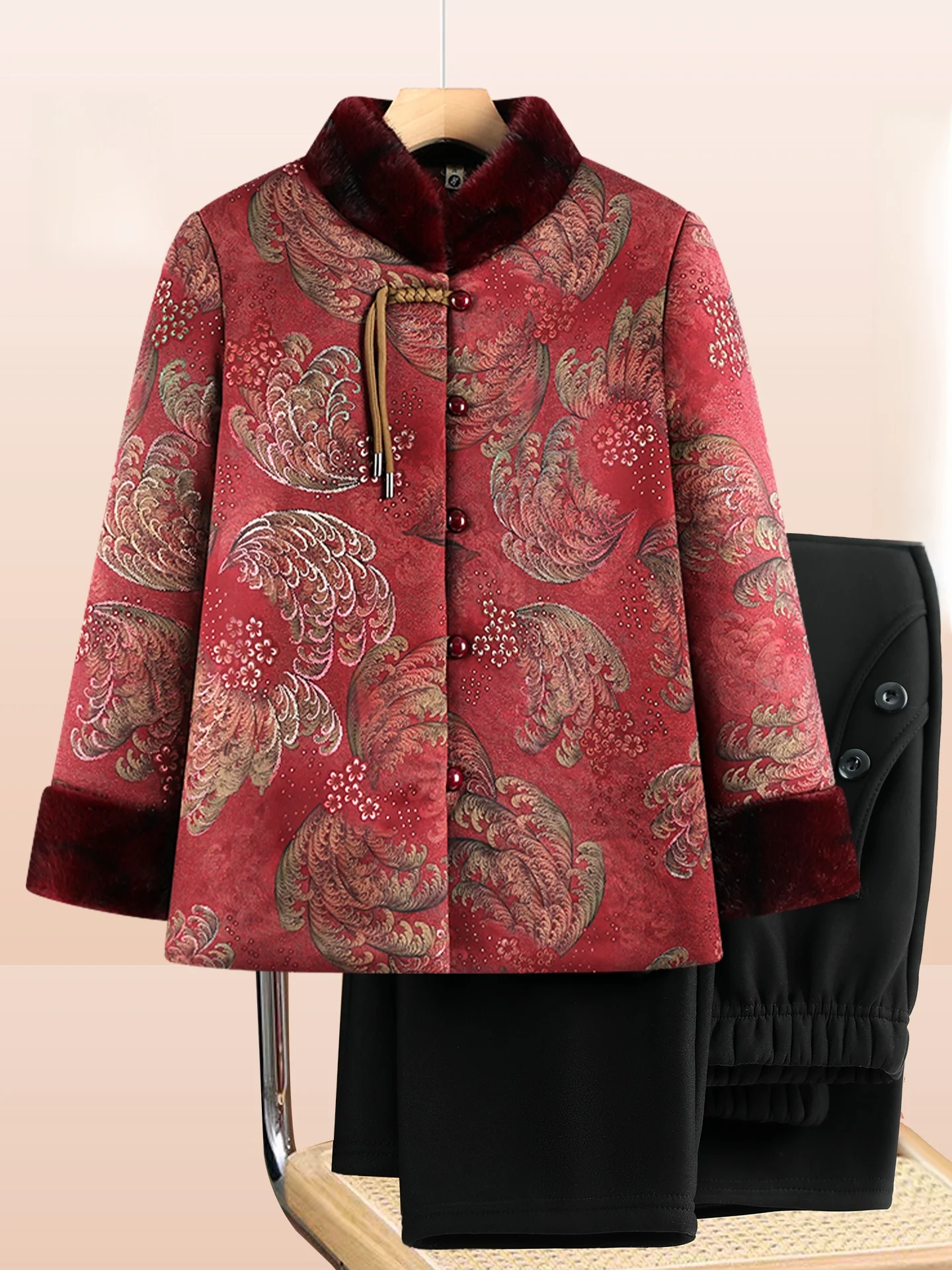 

Retro Cotton Jaet for Middle-Aged And ly Women with Fur Collar And Button Closure Warmth-Enhanced andmother Sle Ou...