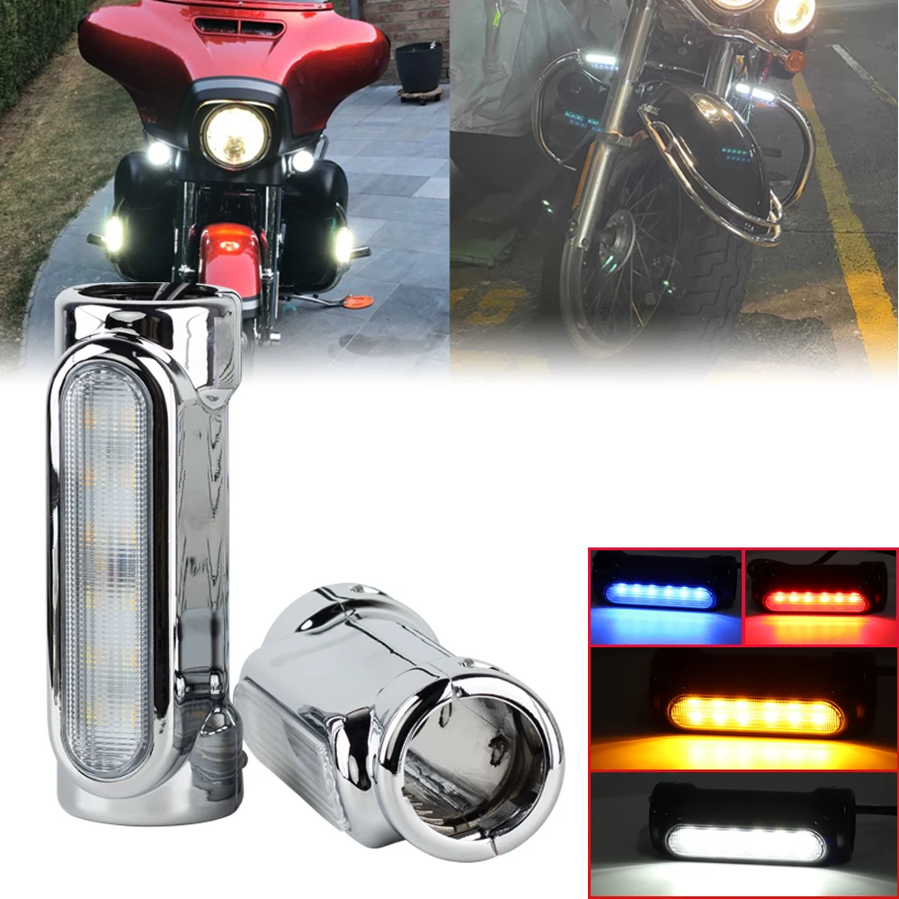 Barra de luz de parachoques para motocicleta, intermitentes para Harley, Touring, Moto, carretera, conducción, blanco, ámbar, LED, barras de choque