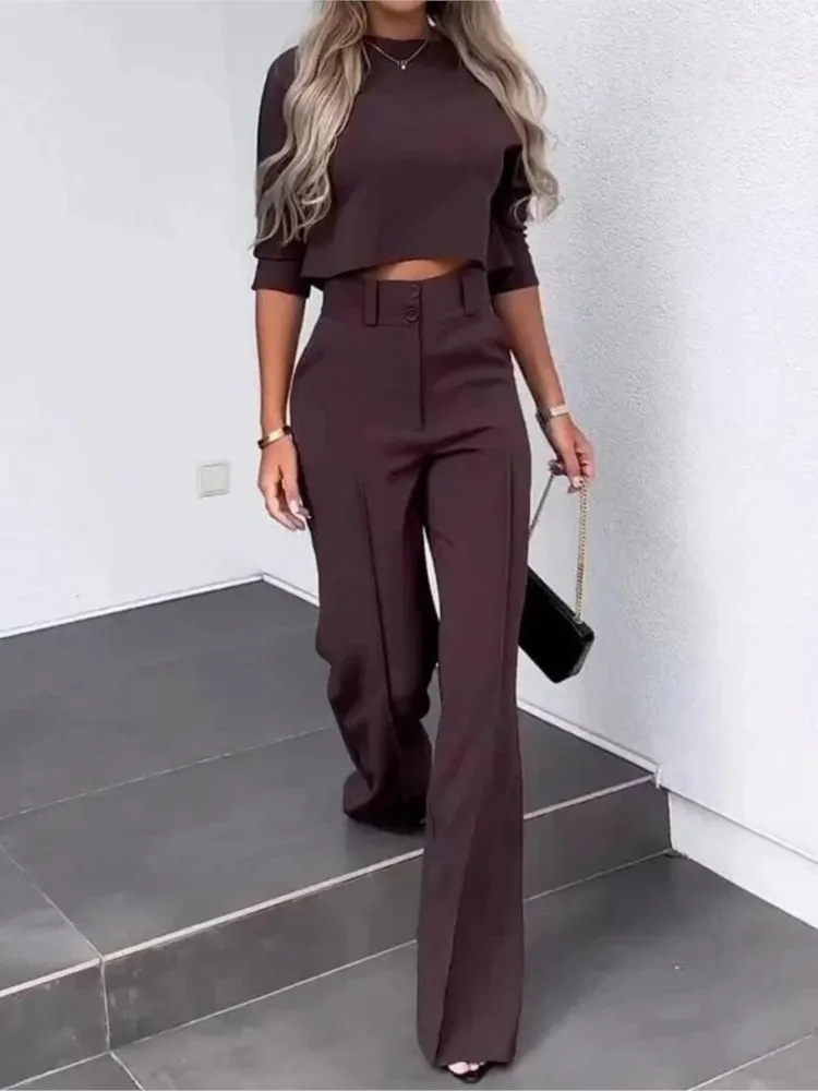 Elegant Office Lady Suits Fashion Solid Two Piece Set For Women Casual Crop Top+ High Waist Pants Women\'s Sets 2024 Sping Autumn