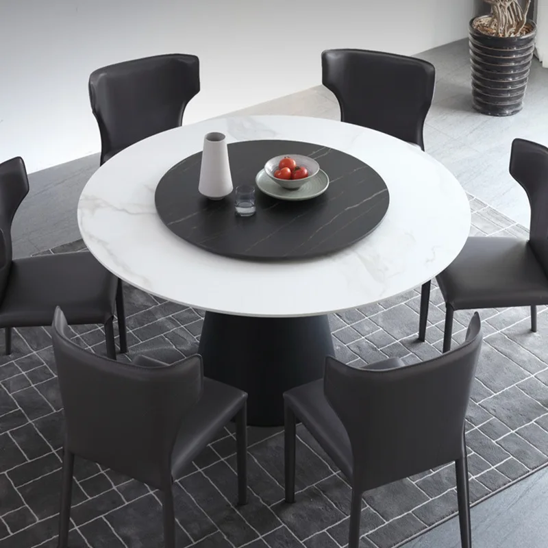 

Italian minimalist rock slab dining table and chair combination round dining table with turntable modern simple small apartment