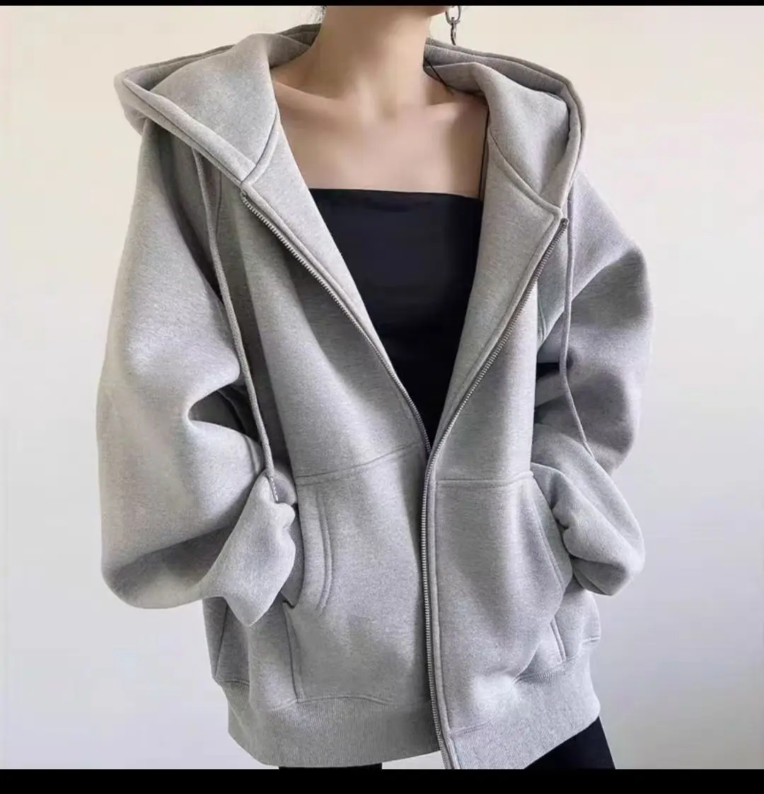 Winter New Women's Zipper Hoodie High Street Unisex style Double Pockets Oversize Loose Sweatshirts Outerwear Top