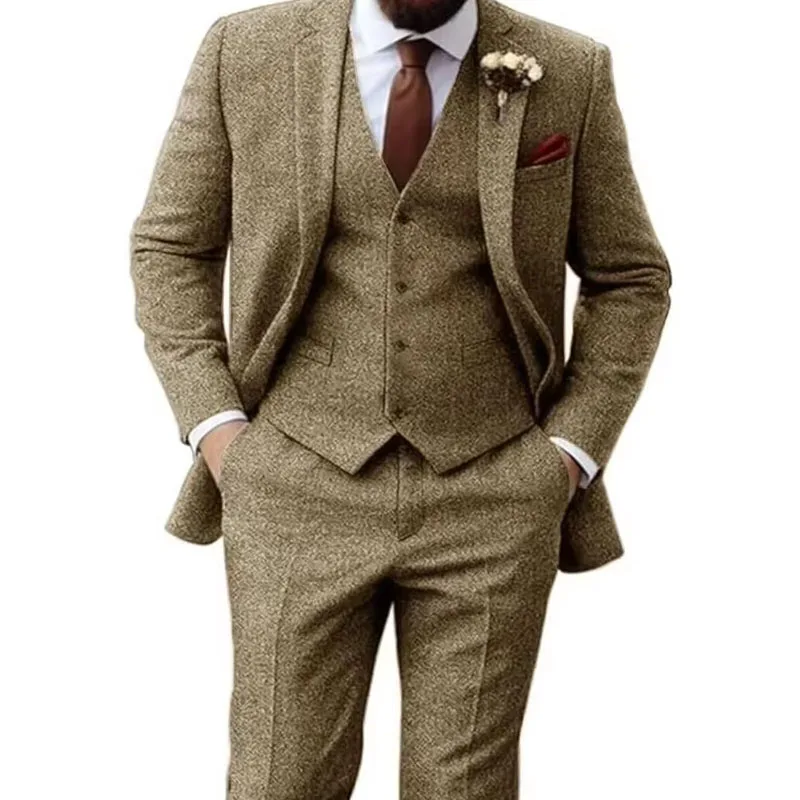 Men's Suits Tweed Herringbone Slim Fit Business Cauasl Waistcoat Jacket Groomsmen Wedding Suits 3 Pieces (Blazer+Vest+Pants)