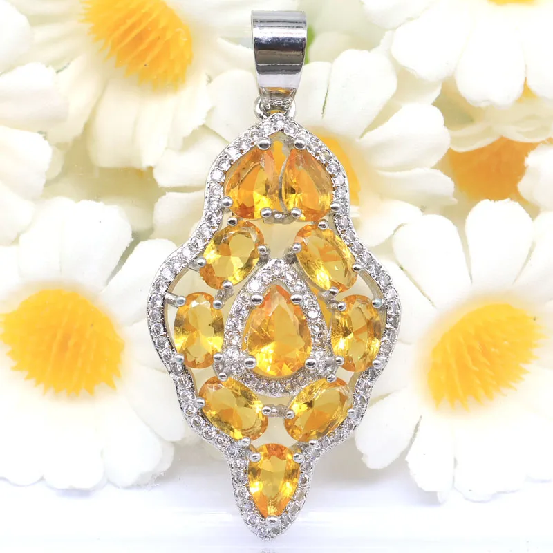 SheCrown 43x20mm Romantic Long Golden Citrine White CZ Woman's Weeding Silver Plated Pendant