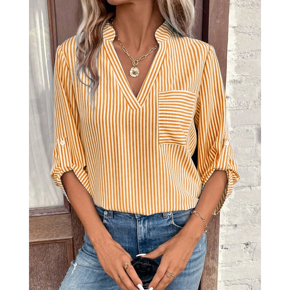 Women Striped Print Three Roll Up Sleeve Top Summer Fashion Casual V-Neck Buttoned Design Casual T Shirt Sexy Blouse Workwear