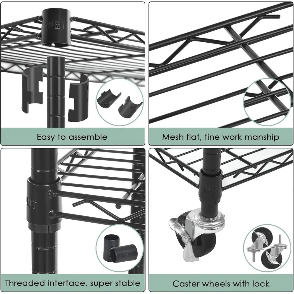 Verstelbare, robuuste metalen rek met wielen, 36W x 14D x 57H voor thuis-, kantoor-, garage- en keukenorganisatie
