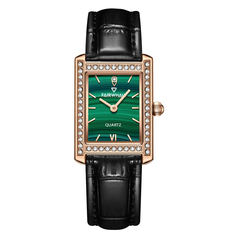 Women's Fashion Diamond Studded Square PU Leather Quartz Watch with Pin Buckle and Waterproof Design