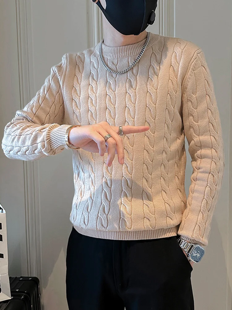 

Khaki Twist Knit Sweater Men's Autumn Winter round Ne High-End Sensation Slim Fit Trendy Brand Inner Wear Long Sve Casual