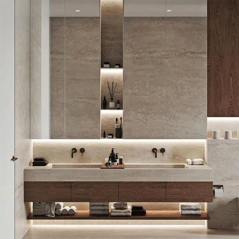 Travertine rock slab integrated basin, solid wood bathroom cabinet, bathroom, sink, face wash table