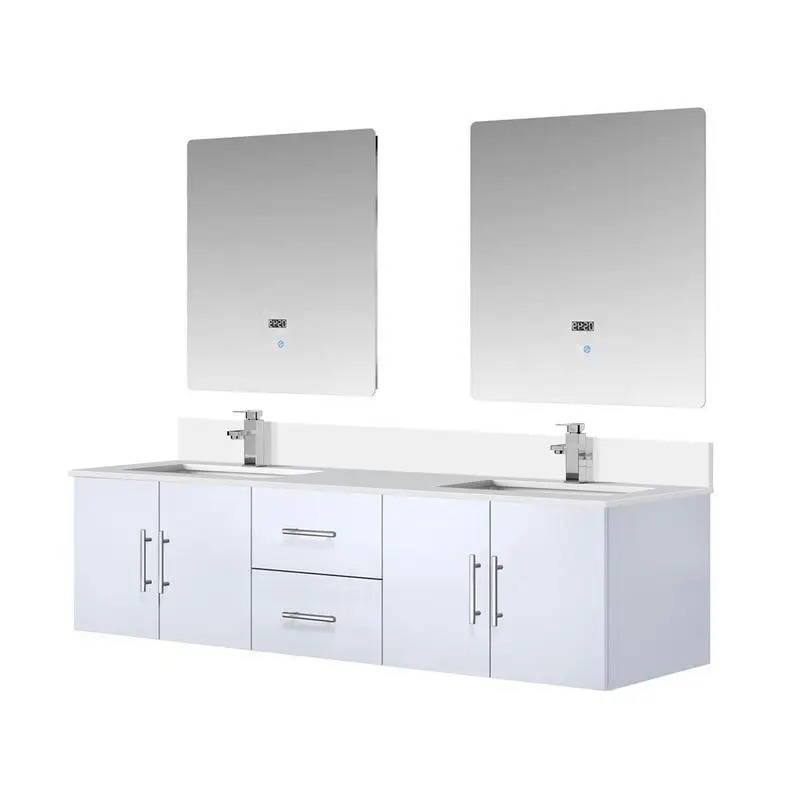 Vanité de bain double blanc brillant de 72 pouces avec profondeur de 22 pouces, plateau en marbre de culture, ensemble de robinets et miroirs LED de 30 pouces