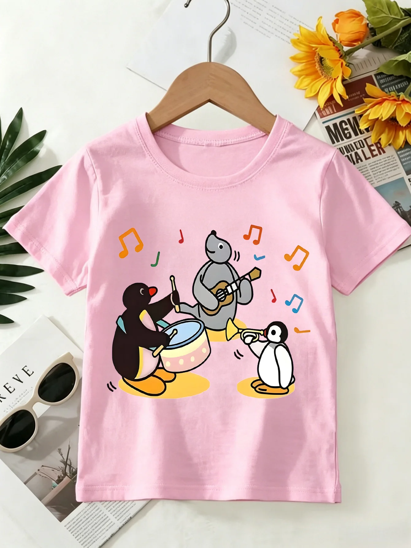 Penguin Music Band Kids Tee Cartoon Animal Print Boys Girls Family Matching Cotton Summer Short Sleeve Basic Children Tshirt