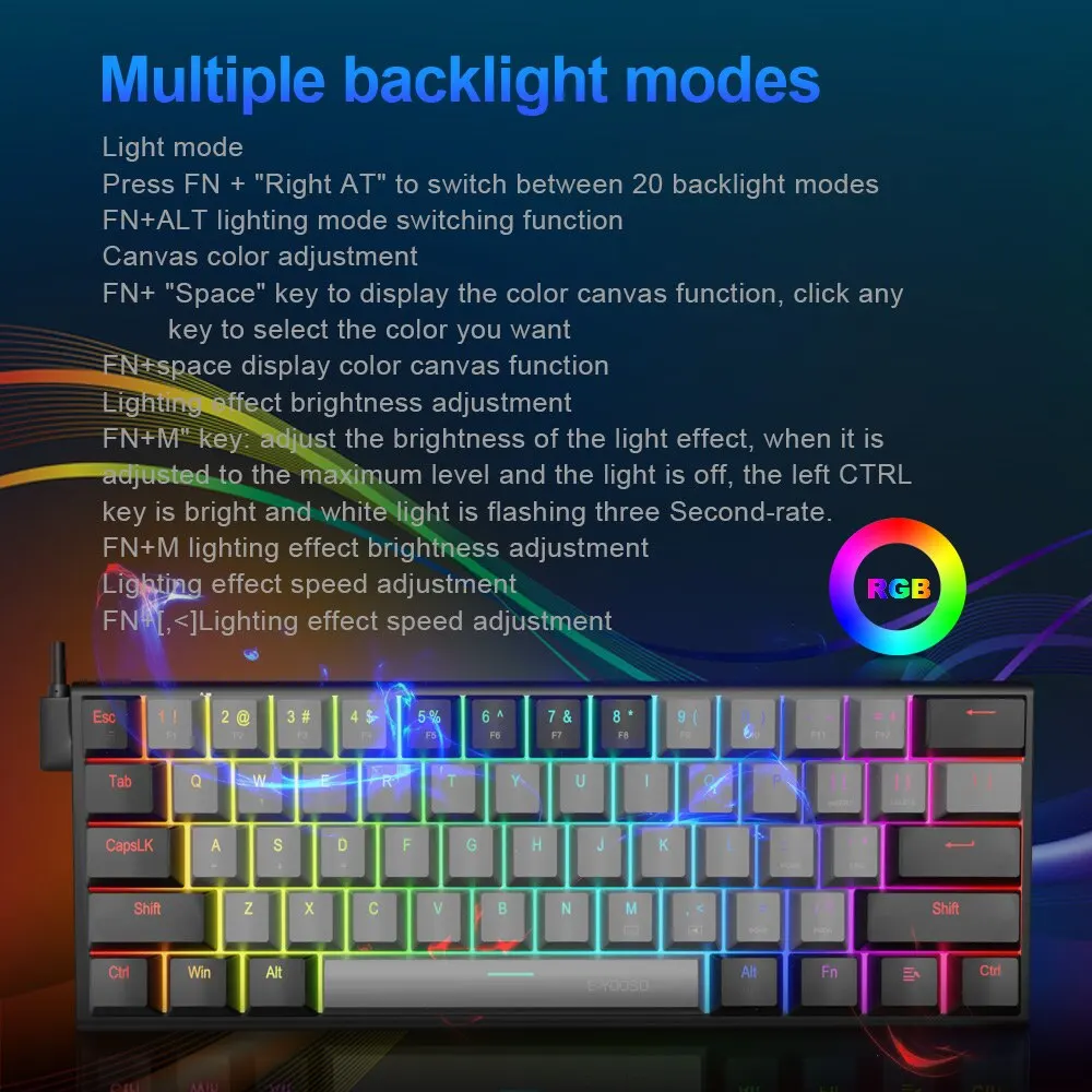 E-YOOSO Z11 RGB USB 60% Mini Mechanical Gaming Keyboard Blue Red Switch 61 Keys Wired Detachable Cable, Portable for Travel PC