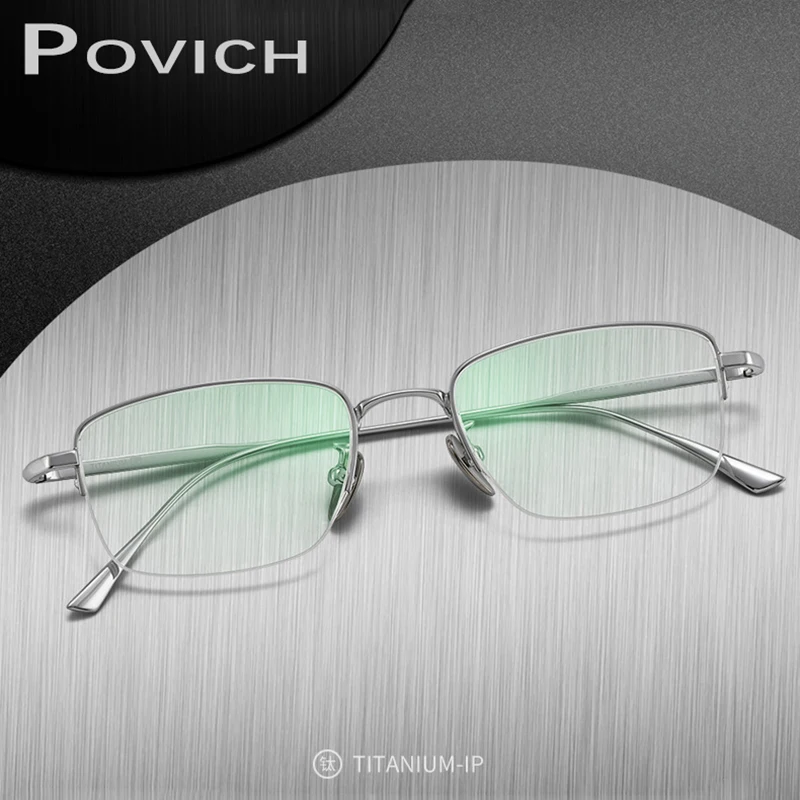 

POVICH Hot Men Titanium Eyeglass Half Frame Myopia Eyewear Prescription Reading Optical Glasses Square Ocular Anti Reflective