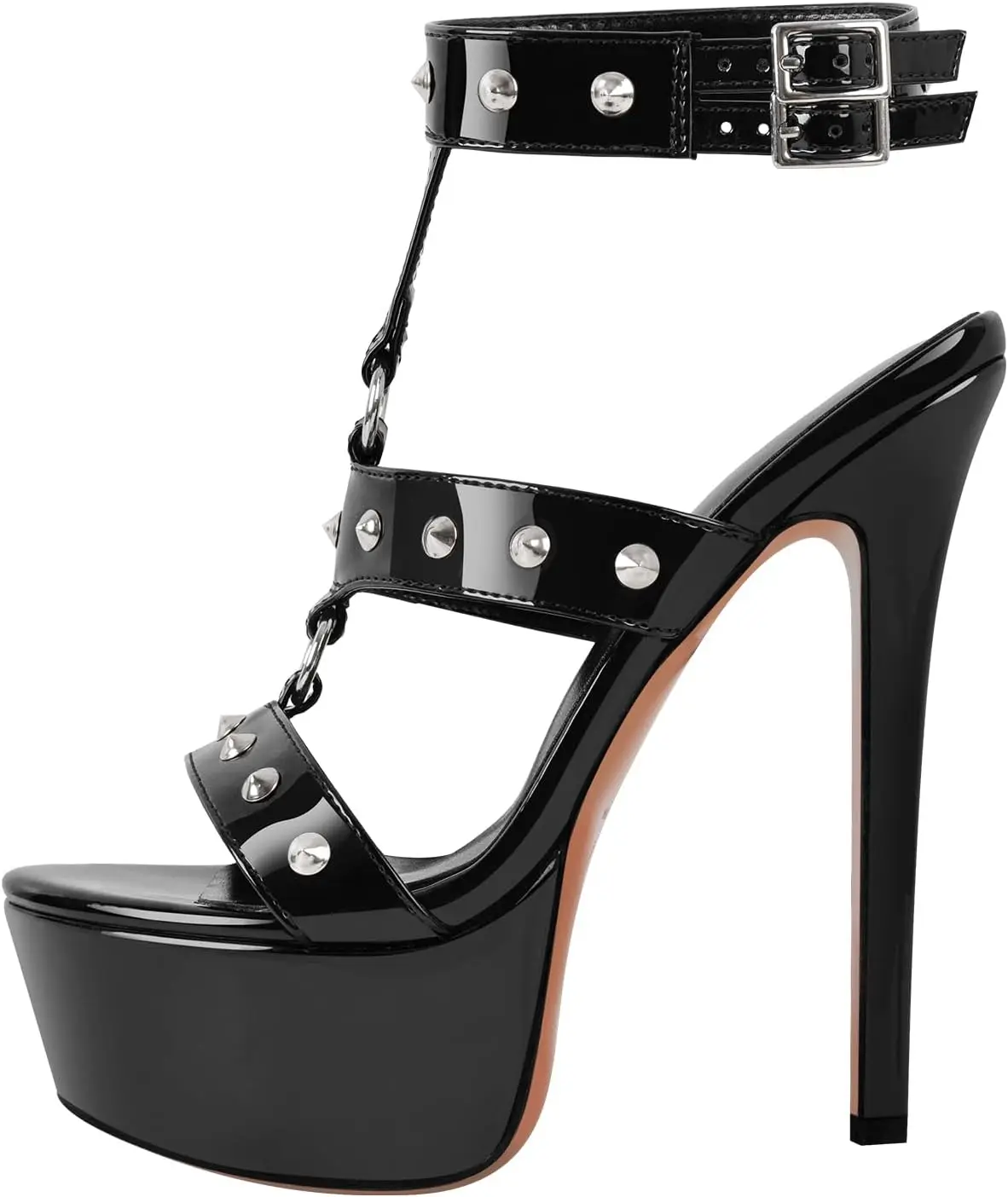 Handmade Women Summer Open Toe Stiletto Heeled Platform Sandals T-strappy Buckle up Rivet Studded Open-back Summer Sandals