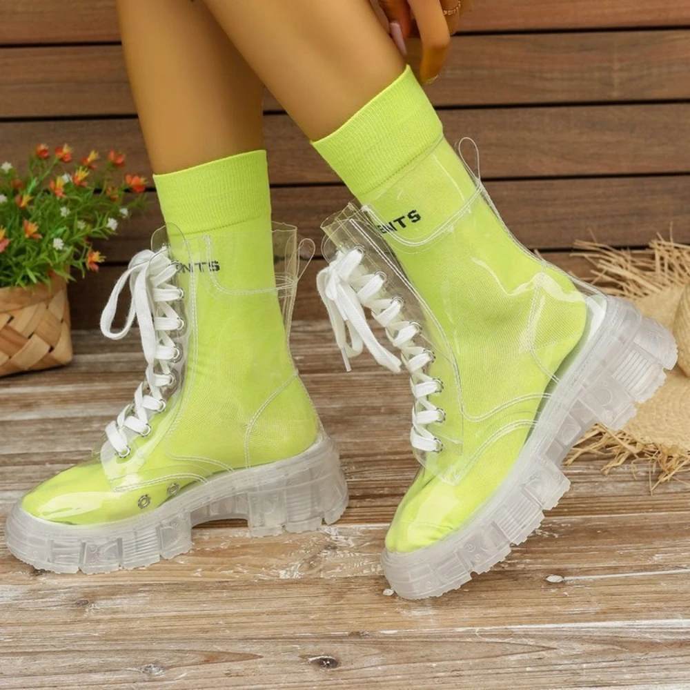 

2026 Women's Fully Transparent Jelly Boots Thick Soled Lace up Short Boots Unisex Thick Soled Rain Boots Big Size 35-43