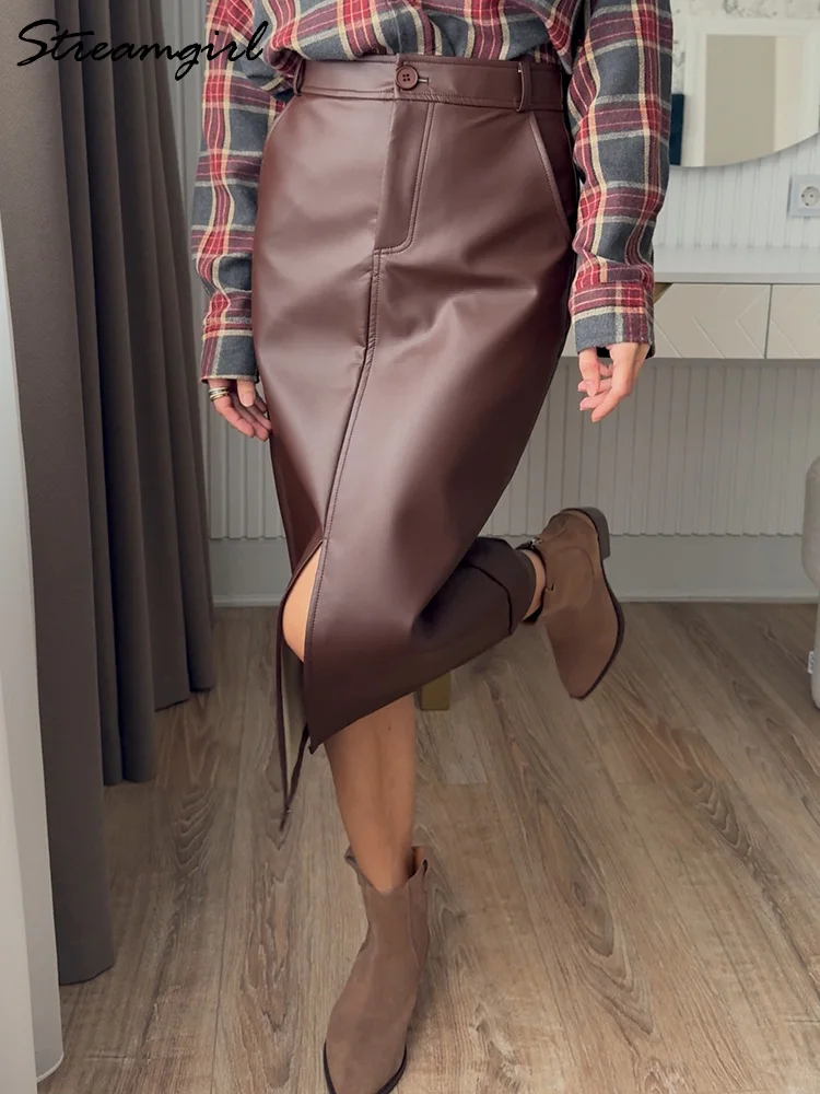 

Streamgirl Front Slit Leather Skirt Midi For Women High Waist Brown PU Skirts Ladies Office Bodycon Basic Long Skirts Leather