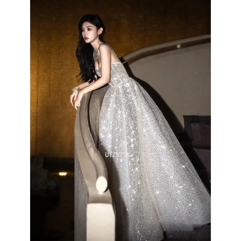 Silver Long Evening Party Gown Wedding Dresses Luxury Women Sequined Princess Style Prom Dress Elegant Formal Occasion Dress