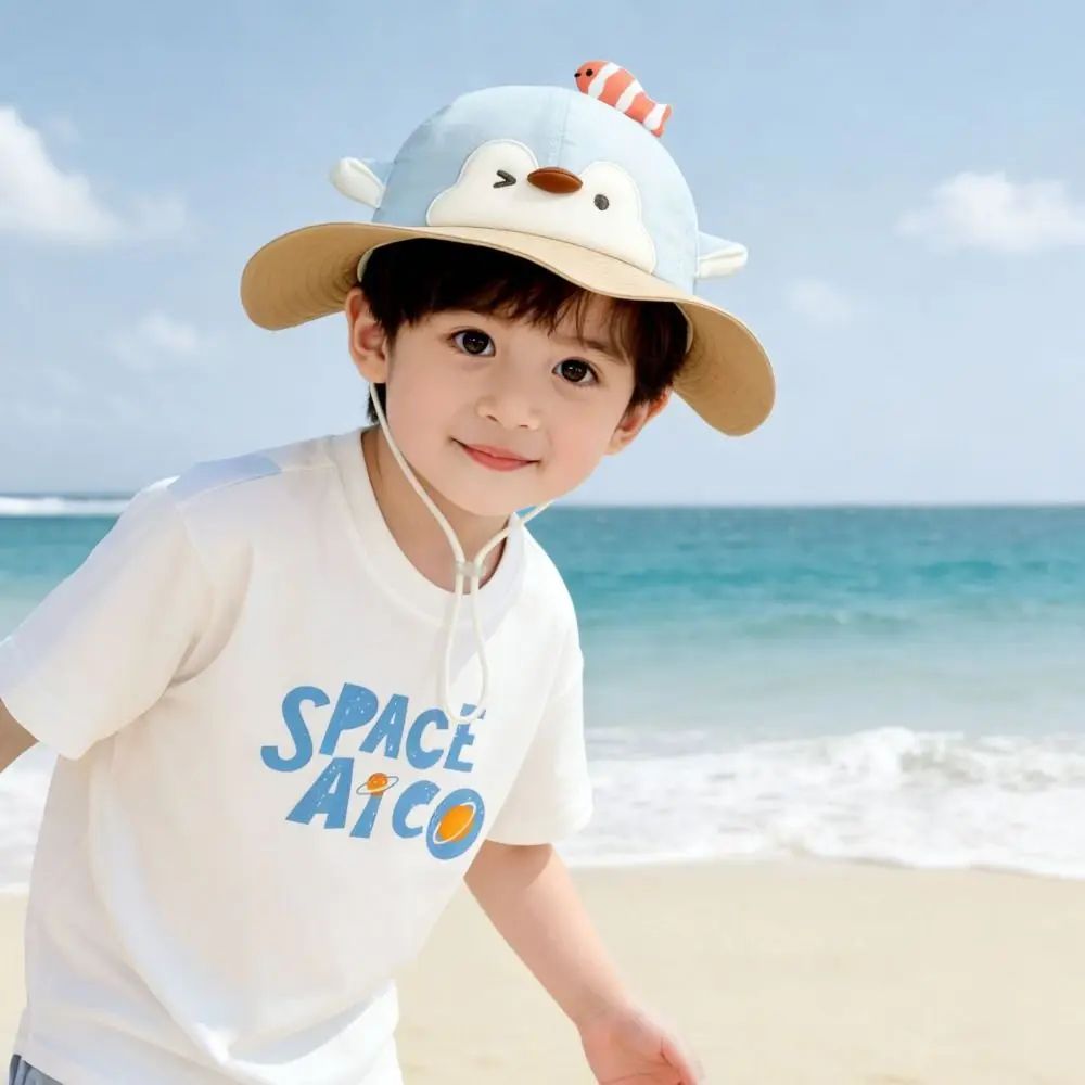 

Quick Dry Big Brim Children's Sun Hat Little Fish Foldable Penguin Sunscreen Hat UV Resistant Breathable Bucket Hat Summer