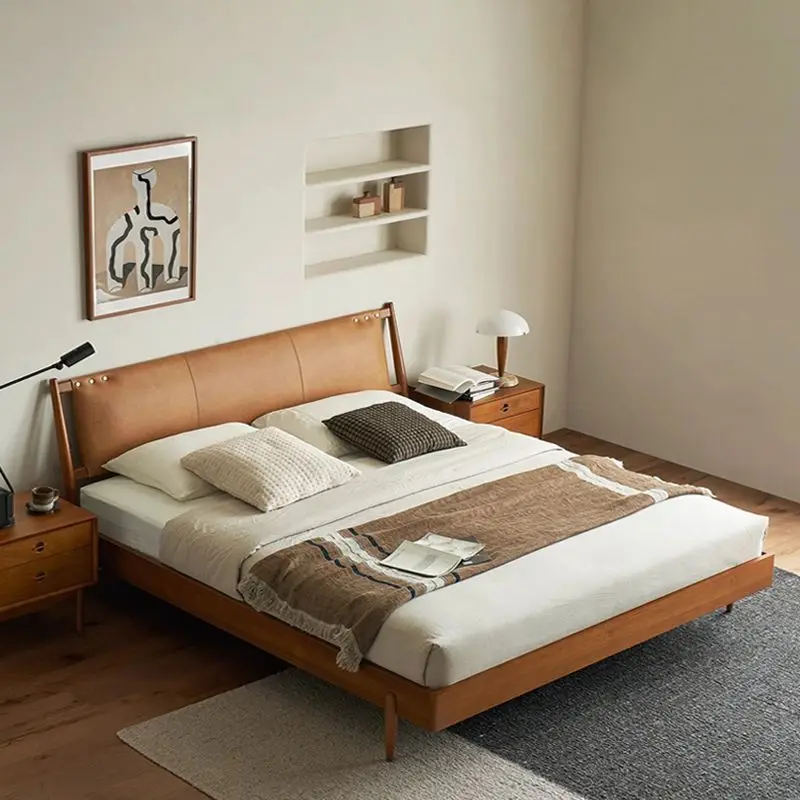 

Oil Wax Cowhide Double Bed Base & Frame King Size Queen Lit Full Size 150x200cm Double Bed Bedroom 2 People Cama Home Furniture