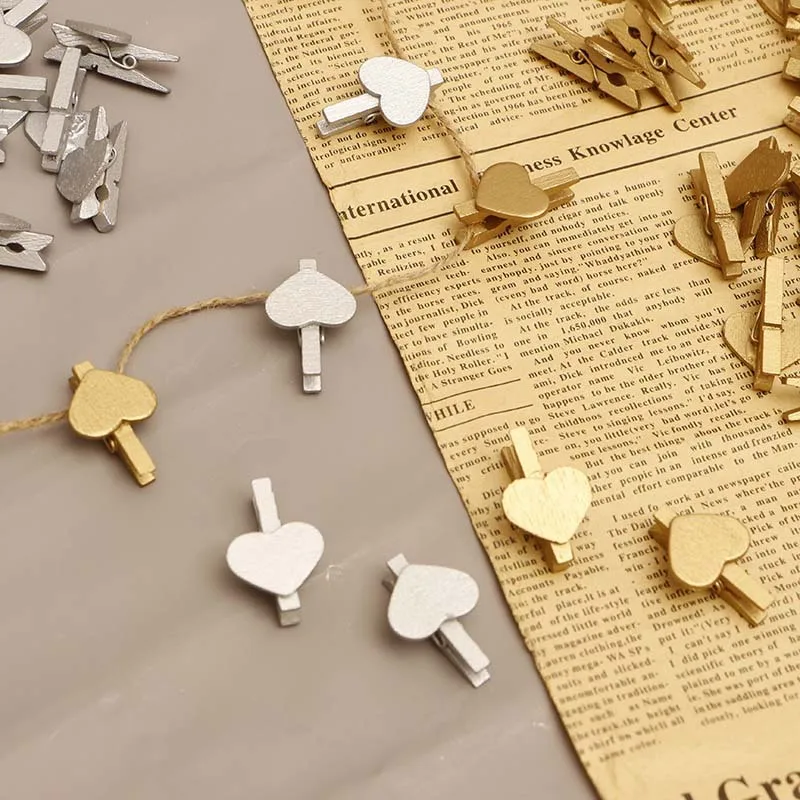 30x4mm 20pcs Wooden Gold Silver Love Heart Photo Clips Memo Paper Peg Clothespin Stationery Christmas Wedding Party Home Craft