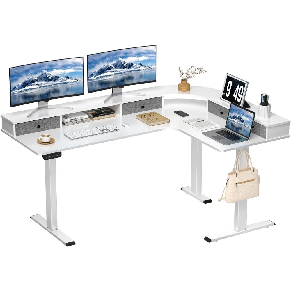 

L Shape Standing Desk, 67 * 48 Inches Adjustable Height Standing Desk with 4 Drawers, with Monitor Stand