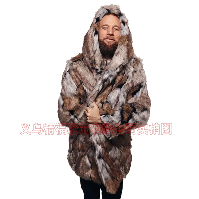 남성 인조 모피 재킷 코트 후드 중간 길이 오버코트 겨울 따뜻한 두꺼운 푹신한 샤기 빈티지 비즈니스 캐주얼 2025 겉옷