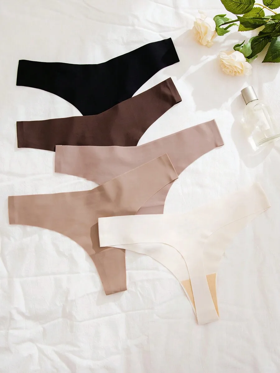 5 Pcs Womens Solid Color Thong Underwear Set