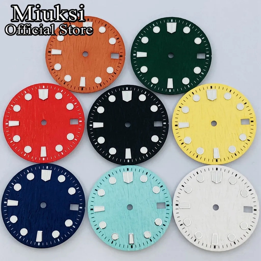 Miuksi 28.5mm black blue green white red orange sterile watch dial luminous fit NH34 NH35 movement fit 3/3.8/4.2 o\'clock crown