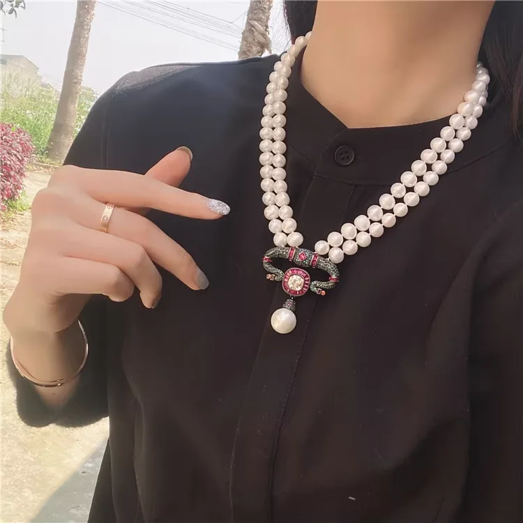 18-19'' 2 Rows 8-9mm  Natural Cultured White Pearl Choker Necklace CZ Contractor Pendent