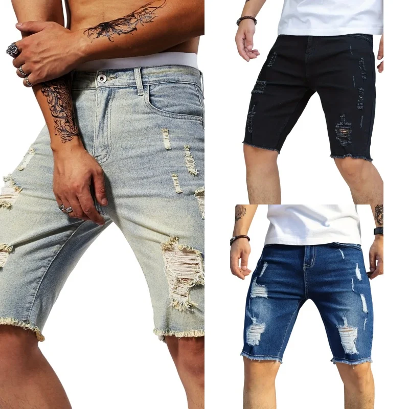 Męskie letnie, codzienne, osobowości, nieregularne spodenki jeansowe, wełniane, zgrywanie, Vintage Street Fifth Jeans