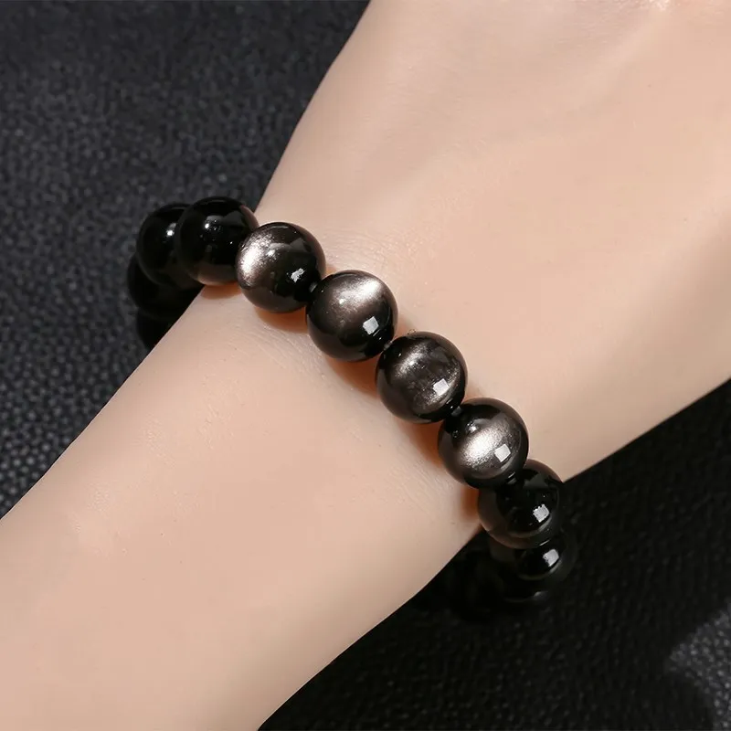 JD 8A Quality Natural Silver Color Irisation Obsidian Strand Bracelets Women Men Energy Balance Flash Bangles Stretch Jewelry