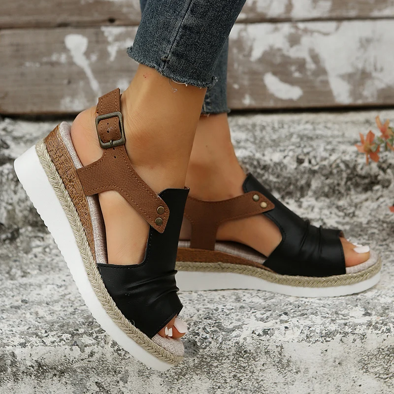 Pleated PU Leather Wedge Sandals for Women Back Strap Espadrilles Platform Sandles Woman 2023 Summer Thick Bottom Peep Toe Shoes