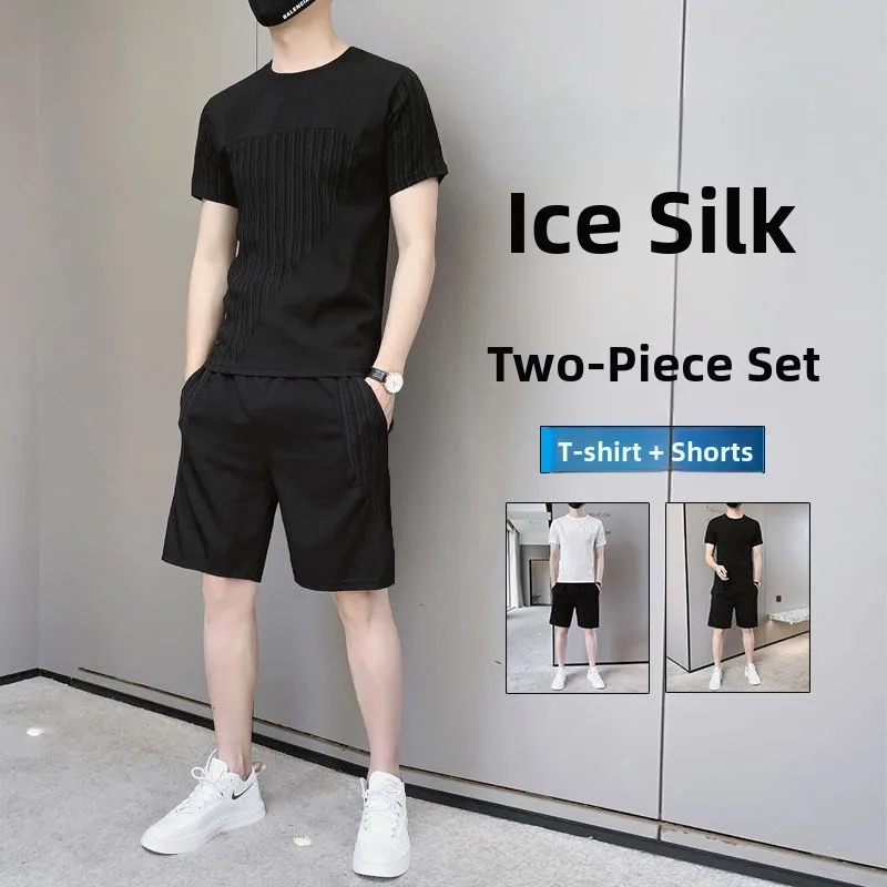 

Летний мужской комплект из ледяного шелка: тонкий, драпированный, быстросохнущий, для спорта и повседневной носки, для бега, из двух предметов, модный, молодежный, с коротким рукавом, футболка
