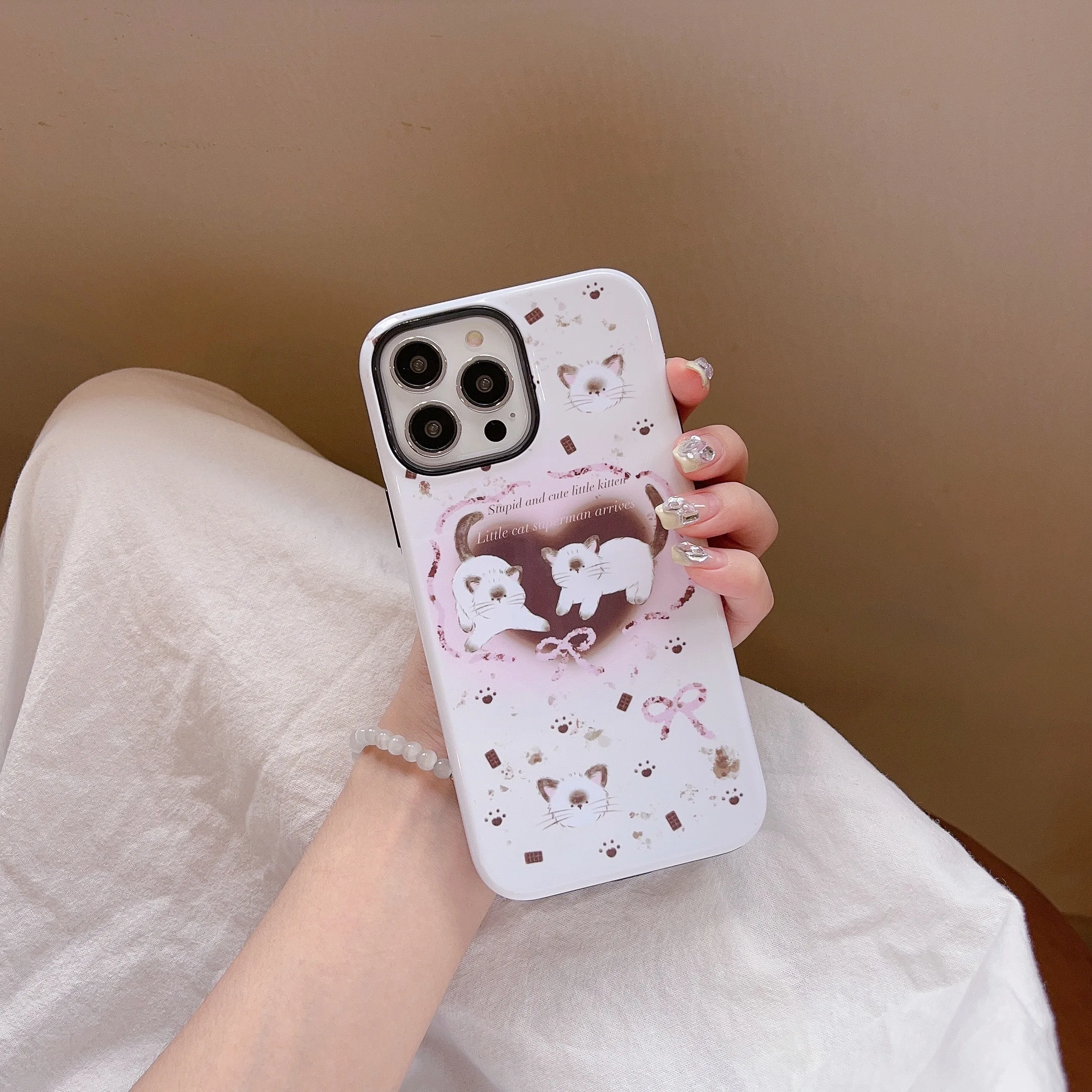 Lovely INS Vintage Heart Siamese Cat 2-in-1 Cute Phone Case for iPhone 14 13 Pro Max Back Phone Cover for 12 11 Pro Max Capa